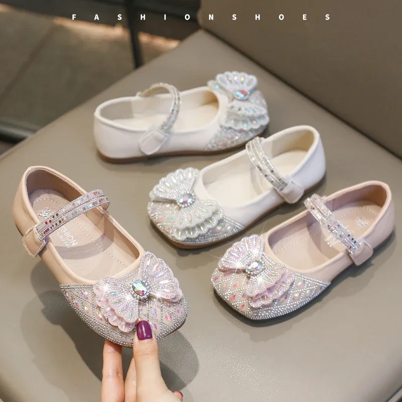 Girls Crystal Princess Shoes Soft Sole Children Leather Shoes for Party Wedding Fashion Kids Rhinestone Performance Shoes 2024