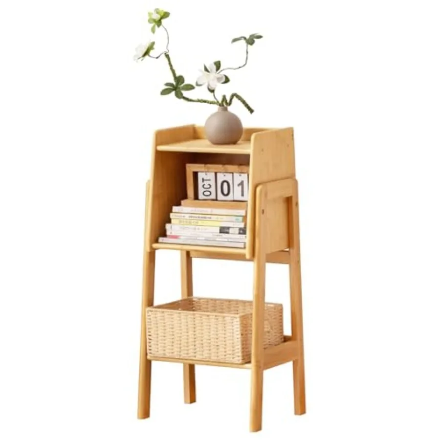 

Bamboo Bookcase with Cabinet Natural End Table with 1-Tier Storage Shelf Modern Bedside Organizer Side Table for Bedroom or Liv