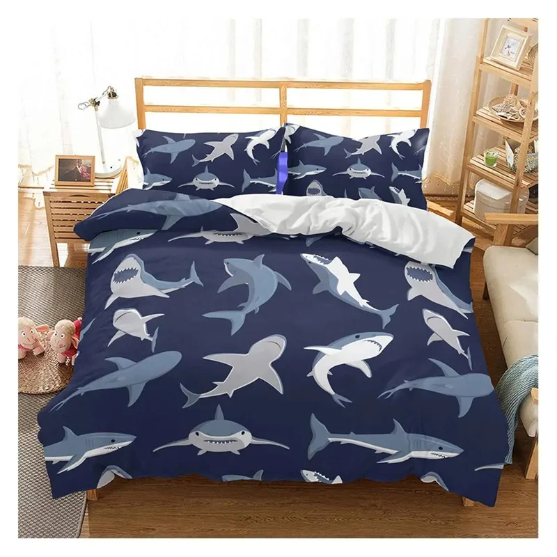 Blue and White Cartoon Shark Fish Print Kids Duvet Cover Boys Girls Luxury Room Decoration for Children Teens Gift Queen Size