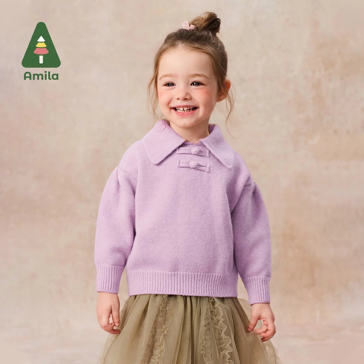 Amila Baby Sweater 2024 New Winter New Style Girls Lapel Button Design Puff Sleeves Warm Delicate And Soft Children's Pullover