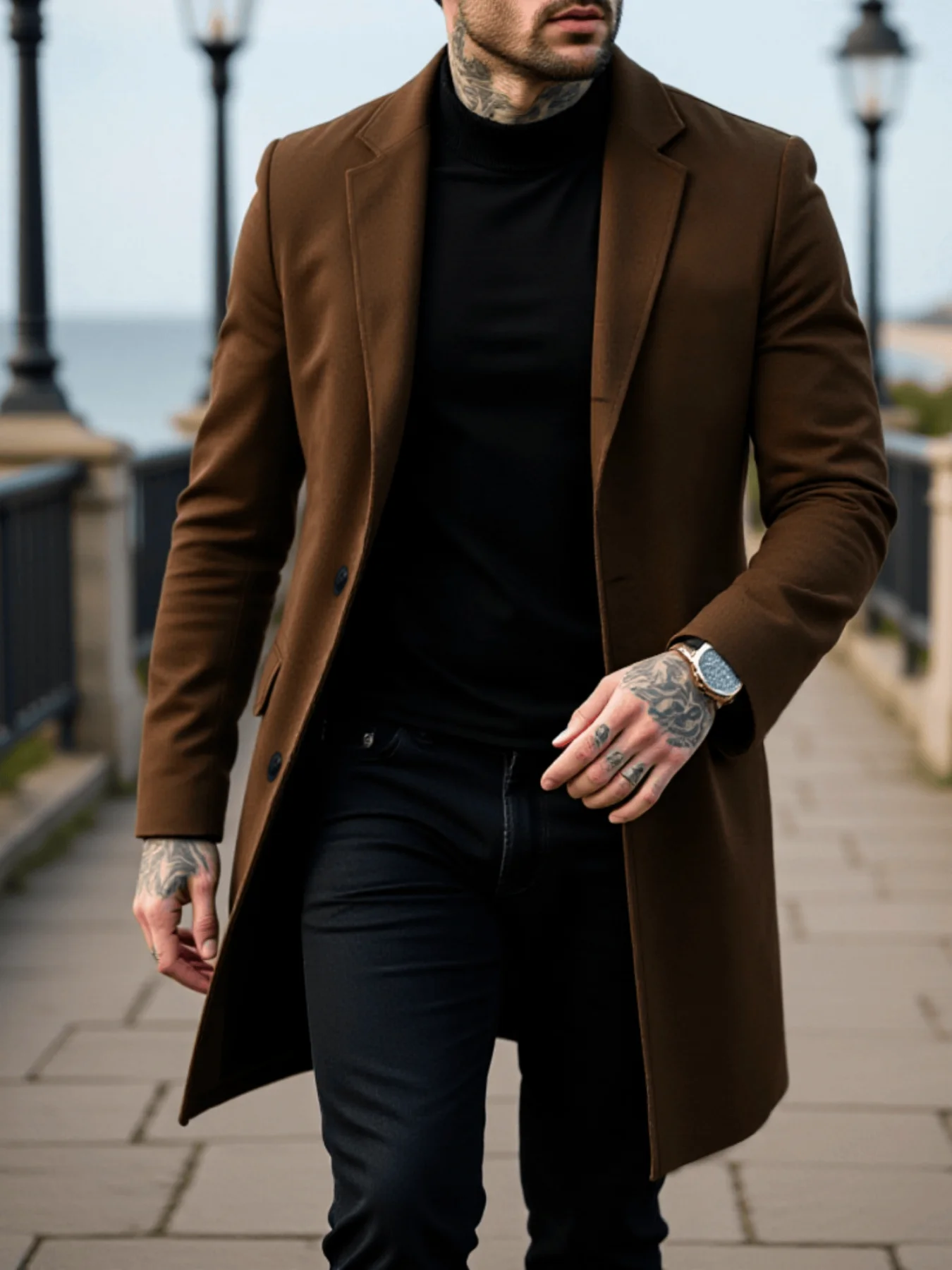 

Simple Single-Breasted Wool Blend Coat Autumn Winter Style Thickened Warm Trench Workplace Daily Wear Fashionable Temperamen