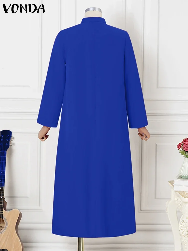 VONDA Abito lungo maxi con volant da donna 2025 Abito camicia a trapezio in tinta unita casual Colletto alla moda Manica lunga Vestido da festa