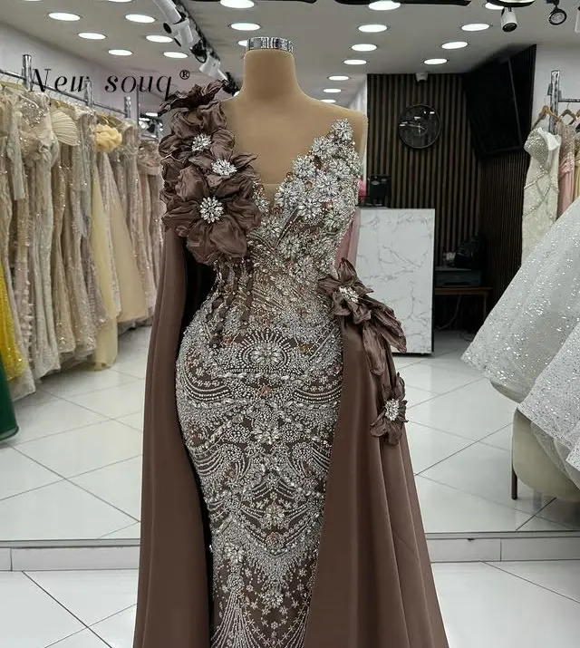 

Коричневые вечерние платья русалки на одно плечо с накидкой и блестящими серебряными кристаллами, 3D цветы, длинное вечернее платье по индивидуальному заказу