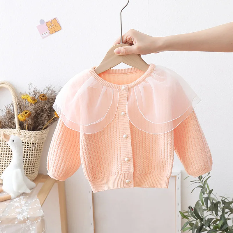 2023 Spring Autumn Girls Sweaters Lace Mesh Girls Sweater 1-6 Years Knit cardigan Children Clothing Sweet Baby Girl Coat GY06281