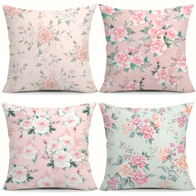 Four-Piece Floral Print Throw Pillow Covers Set - Soft Blush and Dusty Rose Bouquet Design for Living Room Decor