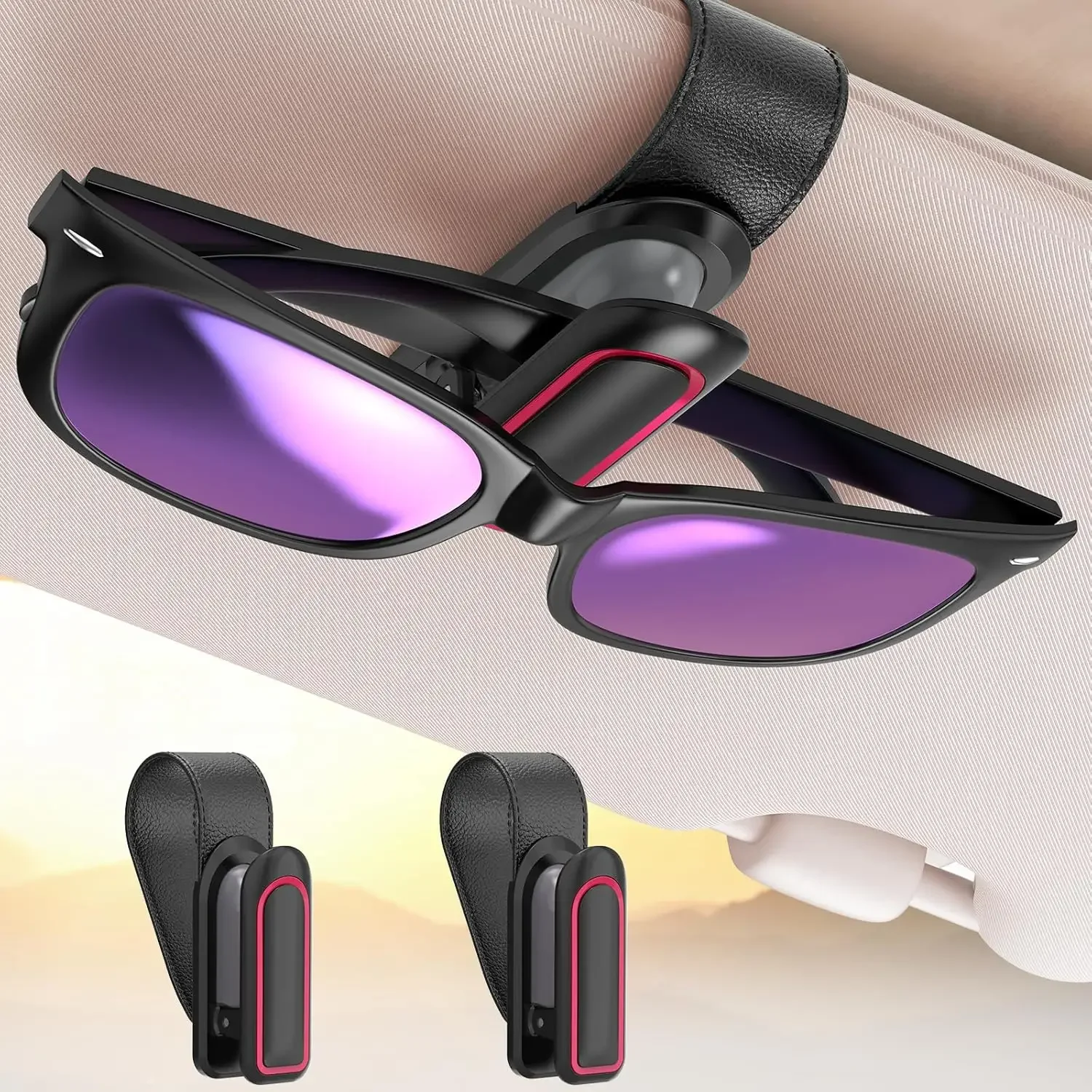 

Sunglass Holder for Car (2 Pack, One-Handed Operation, Gentle & Secure Hold, Silicone Padded, Universal Fits Sunglass and Car Visor) - Sunglasses Clip for Car Visor (Black & Red, 2 Pack)