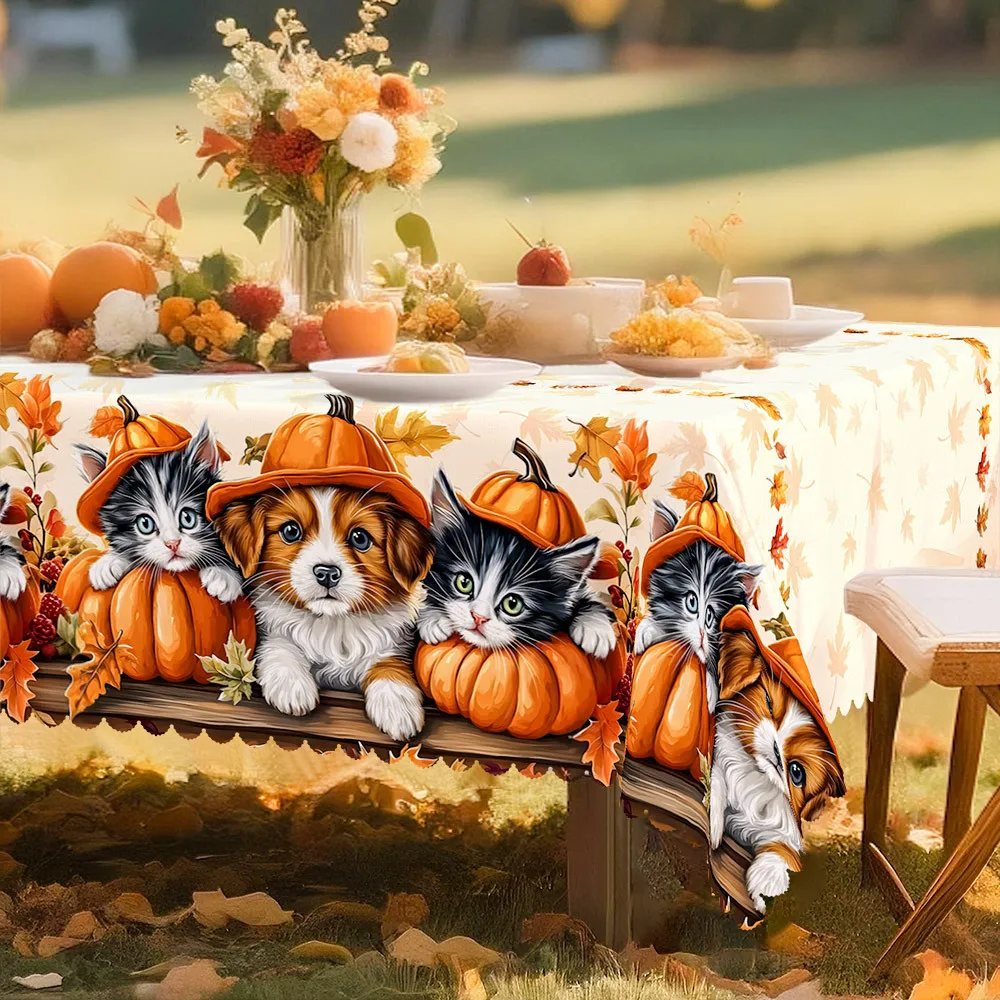 Cats, farm style, rural tablecloth, white and yellow decorations, kitten, puppy and pumpkin patternszyc