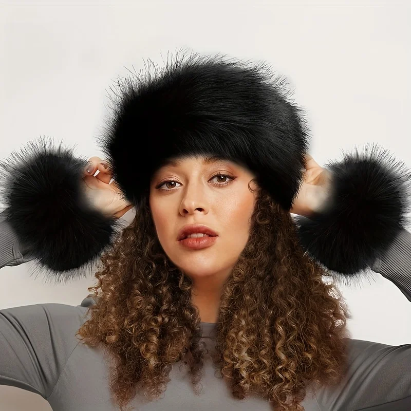 Conjunto de gorro y calentador de brazo de piel sintética, 2 uds., diadema y fundas para diadema y fundas de invierno acogedoras, accesorio de moda cálido de punto de poliéster