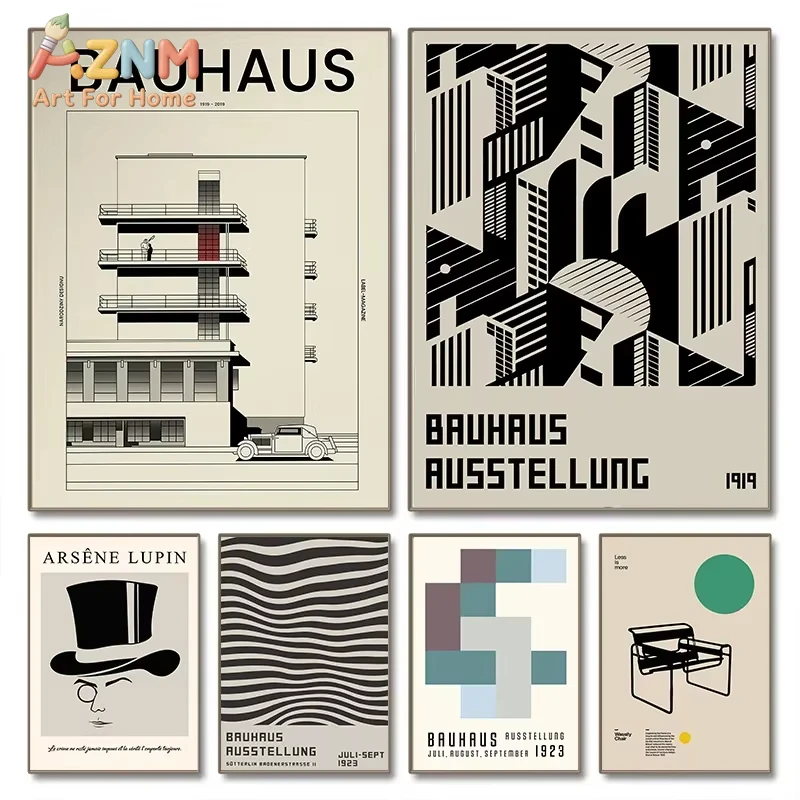 

1/6pcs Black and White Bauhaus Minimalist Dark Series Poster Abstract Square Chair Line Canvas Painting Bedroom Room Wall Art