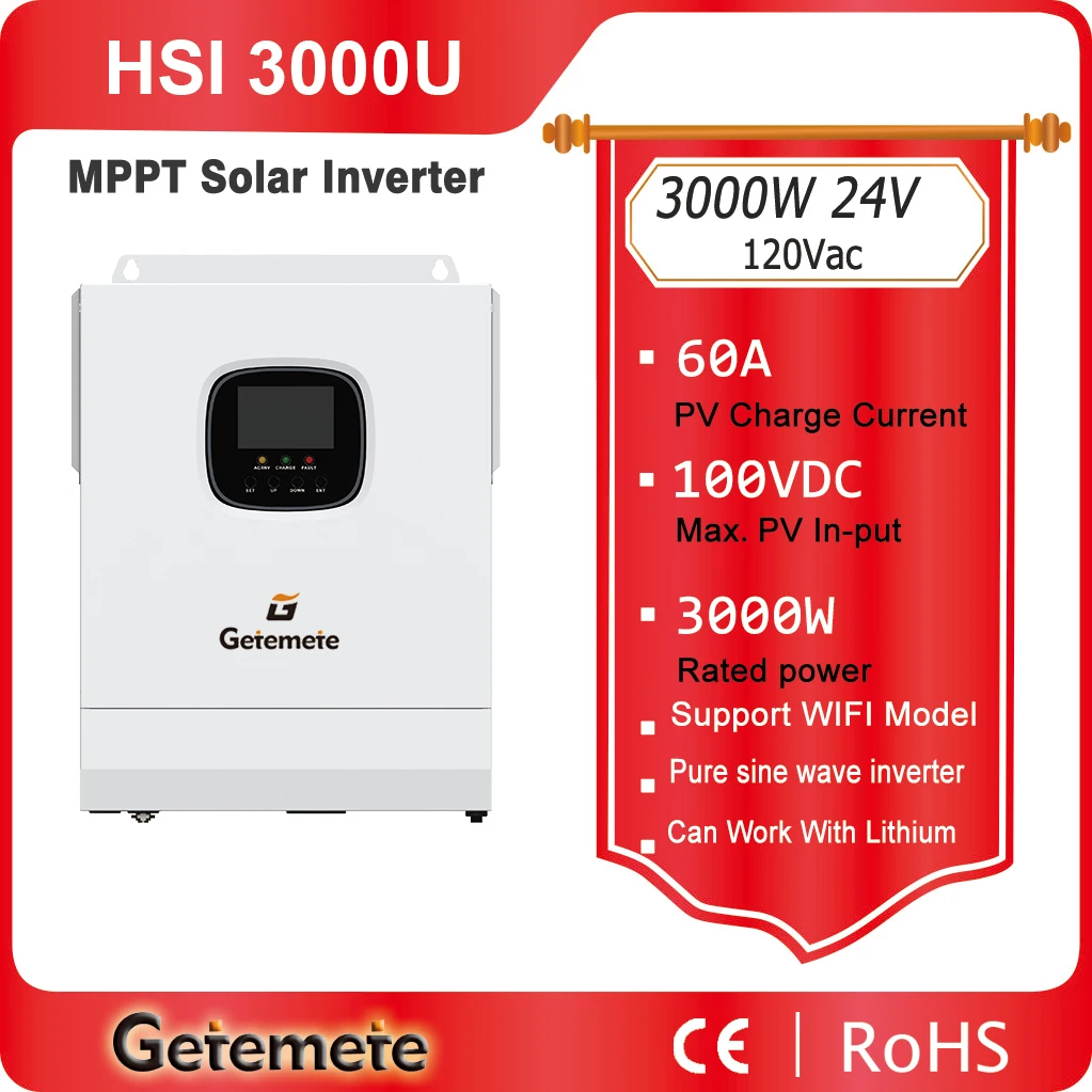 Getemete Off-Grid Max PV Input Voltage 100VDC 3KW 24V 120VAC Pure Sine Wave Hybrid Inverter MPPT 60A Solar Charger