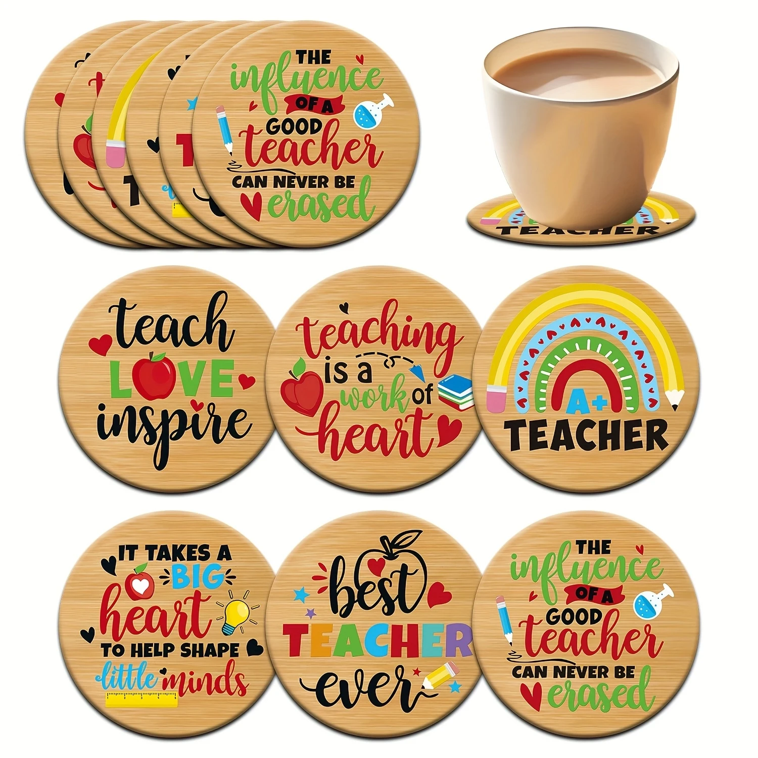 

6pcs Wooden Teacher Appreciation Coaster Round Desk Drink Holder Thank You Gift for Educators Back to School or Retirement