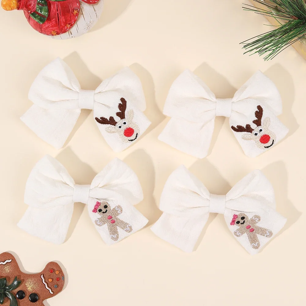 ncmama 2Pcs Embroidery Bows Hair Clips Elk Snowman Sunflower Bowknote Hairpins Girls Handmand Headwear Korean Hair Accessories