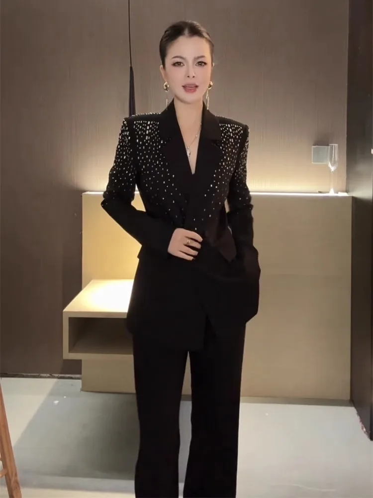 2025 Spring New Style Advanced Sense Heavy Industry Lapel Collar and Slimming Waist Suit Coat and Pants Set for Women