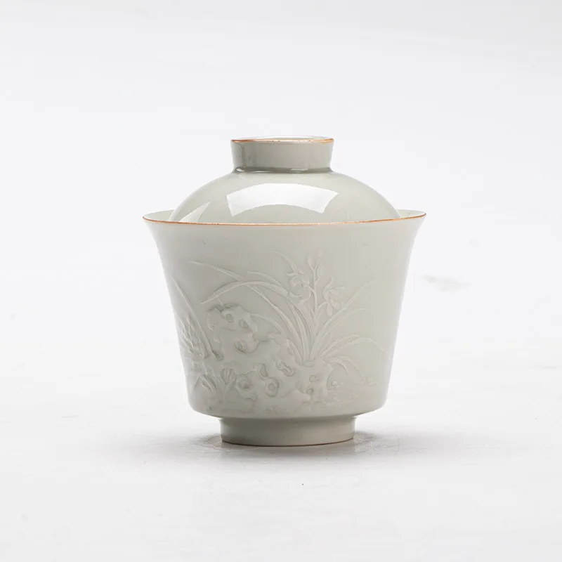 Ice Platform Glaze Shadow Carving Taihu Stone Orchid Ceramic Bowl Kung Fu Tea Set Household Gaiwan