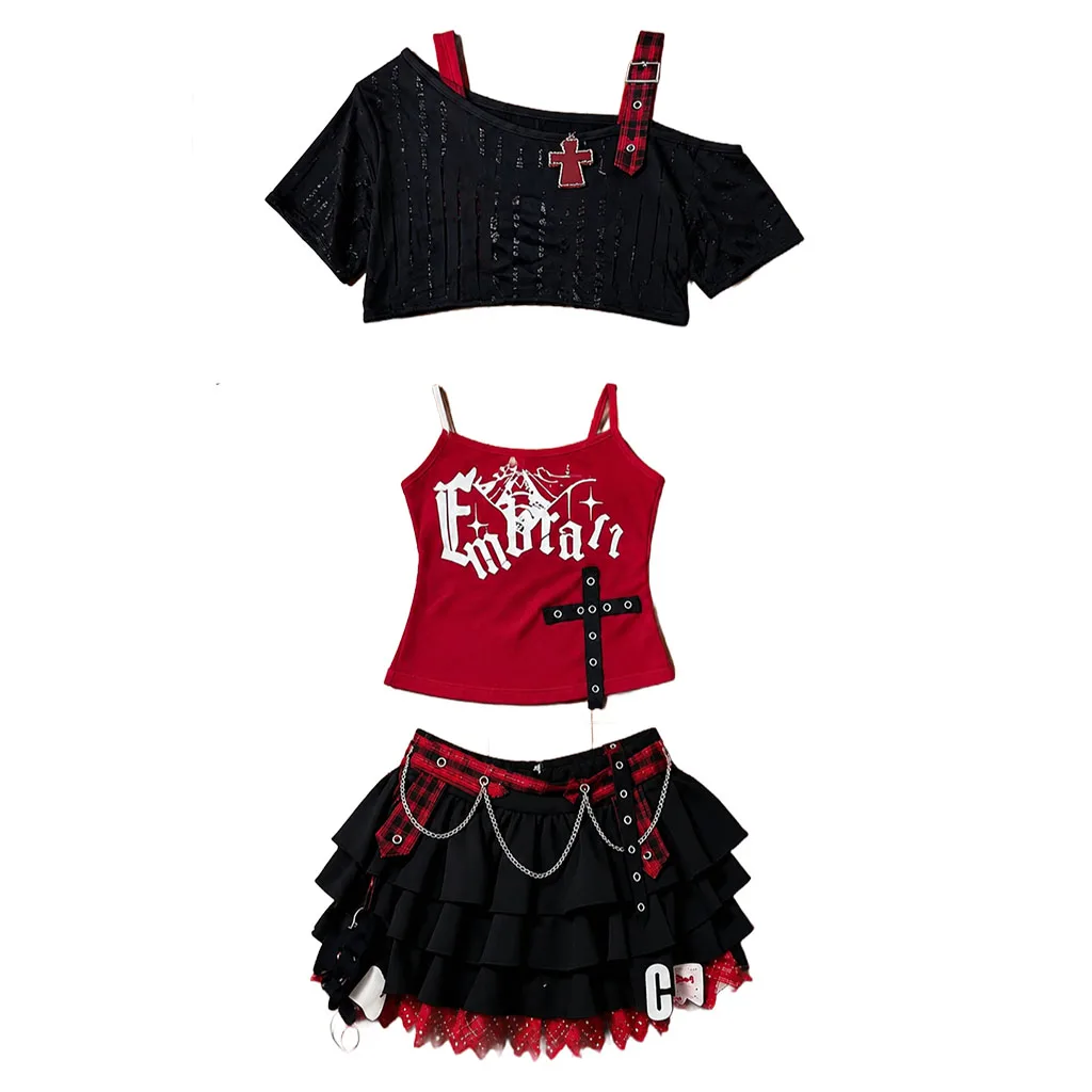 Women Sweetpunk Gothic 3 Piece Set Off Shoulder Black Top Print Camisole Tiered Ruffle Mini Skirt Chain Detail Y2K Goth Alt