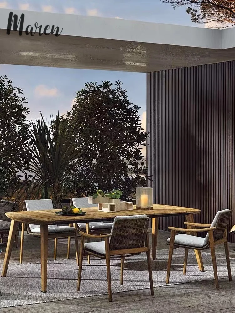 Modern and durable teak outdoor dining table set with waterproof coating, suitable for courtyards and hotels
