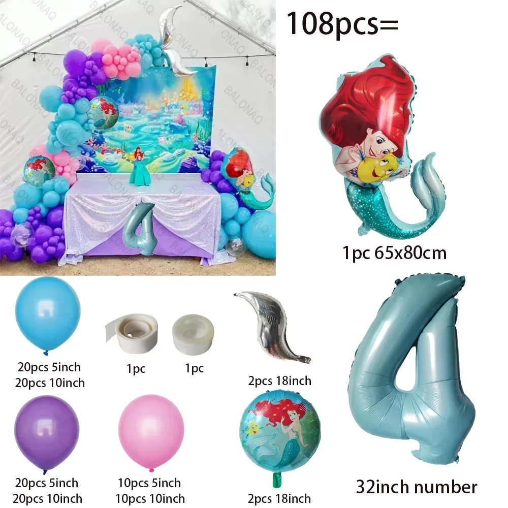 108pcs Ariel Mermaid Balloon Birthday Party Decoration Ariel Party Latex Balloon 1-9 Year Old Girl Birthday Balloon Supply