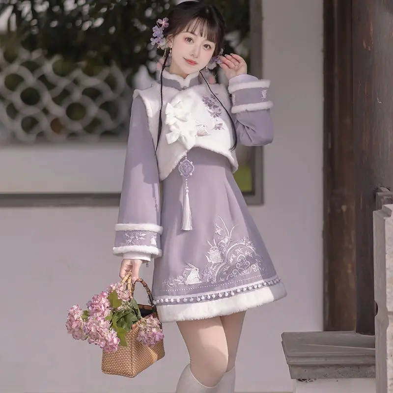 [Purple Cloud Rabbit]Winter Chinese Element Improved Cheongsam Lolita Mini Vest Dress Set Hanfu Soft Lolita Clothing