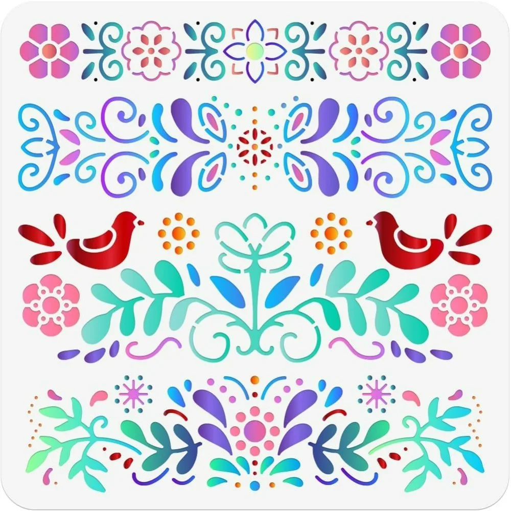 Folk Flowers Painting Stencil 11.81x11.81 Inch Reusable DIY Art and Craft Stencils Floral Templates for Painting on Wood Fabric