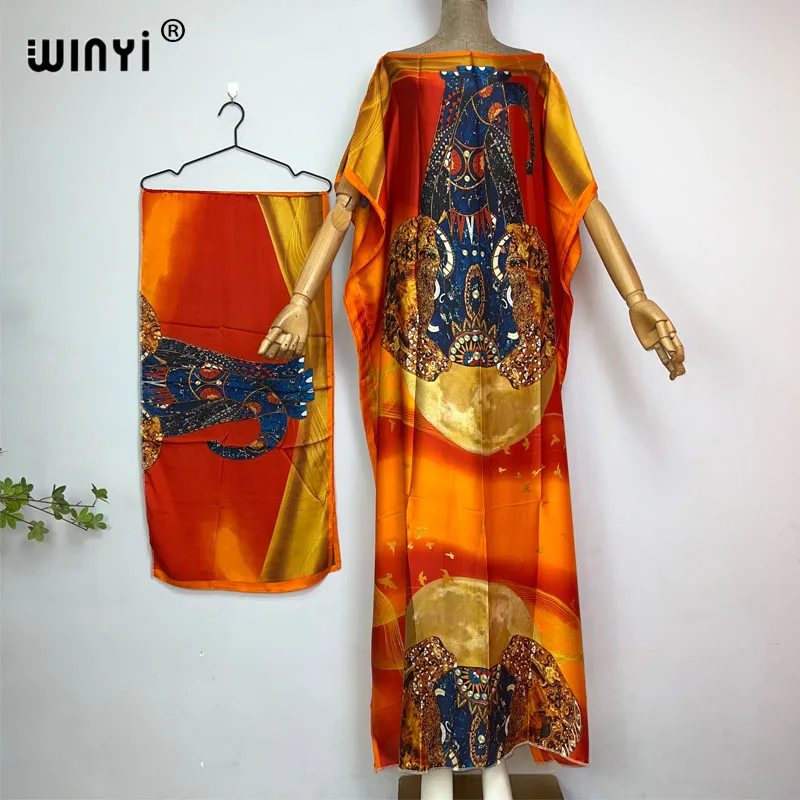 WINYI Africa 2023 abito lungo allentato con cintura donna moda stampa caftano Casual elegante vacanza estate abito da festa bohémien in seta