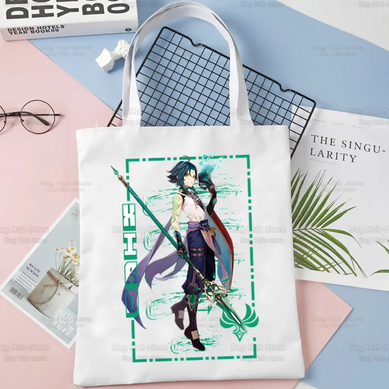 Genshin Impact Xiao Anime Game Shopping Bag, Bolsa de mercearia, Tote de juta, Tecido personalizado Tote