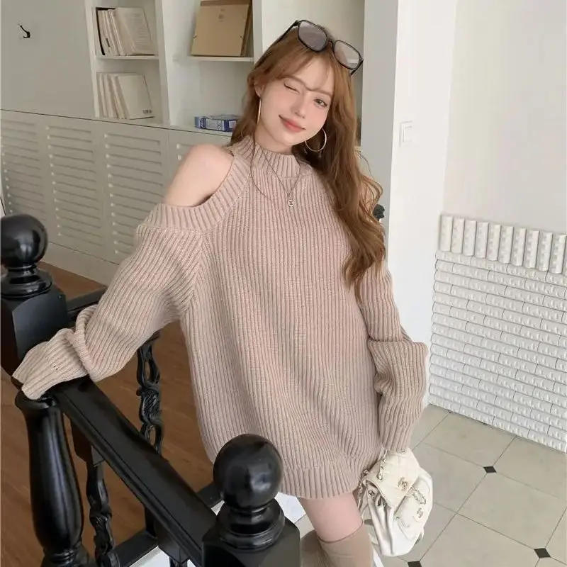 Soft Waxy Knitted Upper Garment Sweater Women Off Shoulder Pullovers Street Gentle 3-Colors Vintage Clothing Tops American