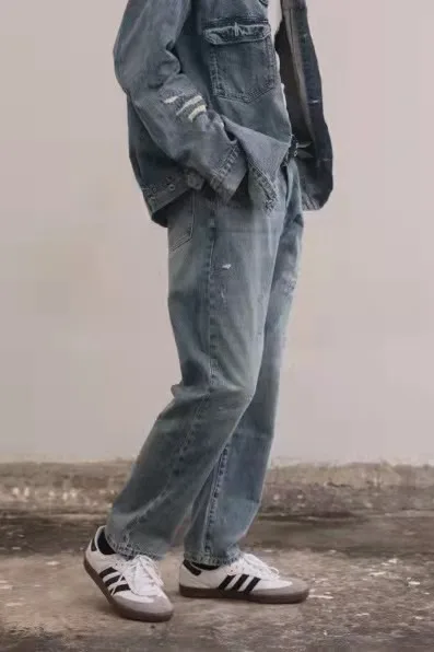 

Hap High Street Sle Distred Straight Leg Jeans Loose Fit Long Trousers Autumn Casual Men's Faion Water Waed Denim