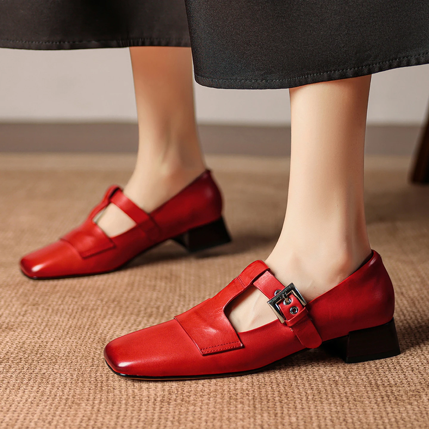 

﻿ Genuine Leather Cowhide Women's Sandals, T-Strap Belt buckle Square Toe High Heels, Fashion Party Women's Shoes