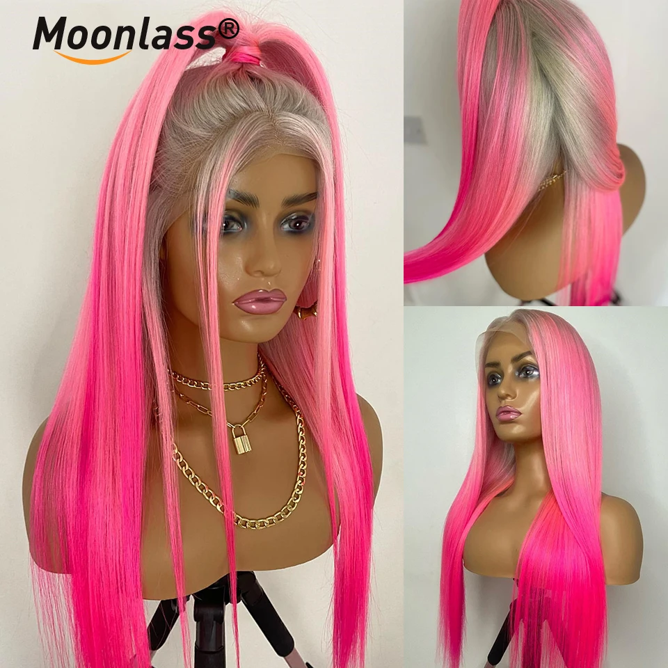 13x4 Grey Ombre Pink Lace Frontal Human Hair Wig Brazilian Virgin Hair 13x4 Transparent Bone Straight Ombre Pink Wig 180 Density