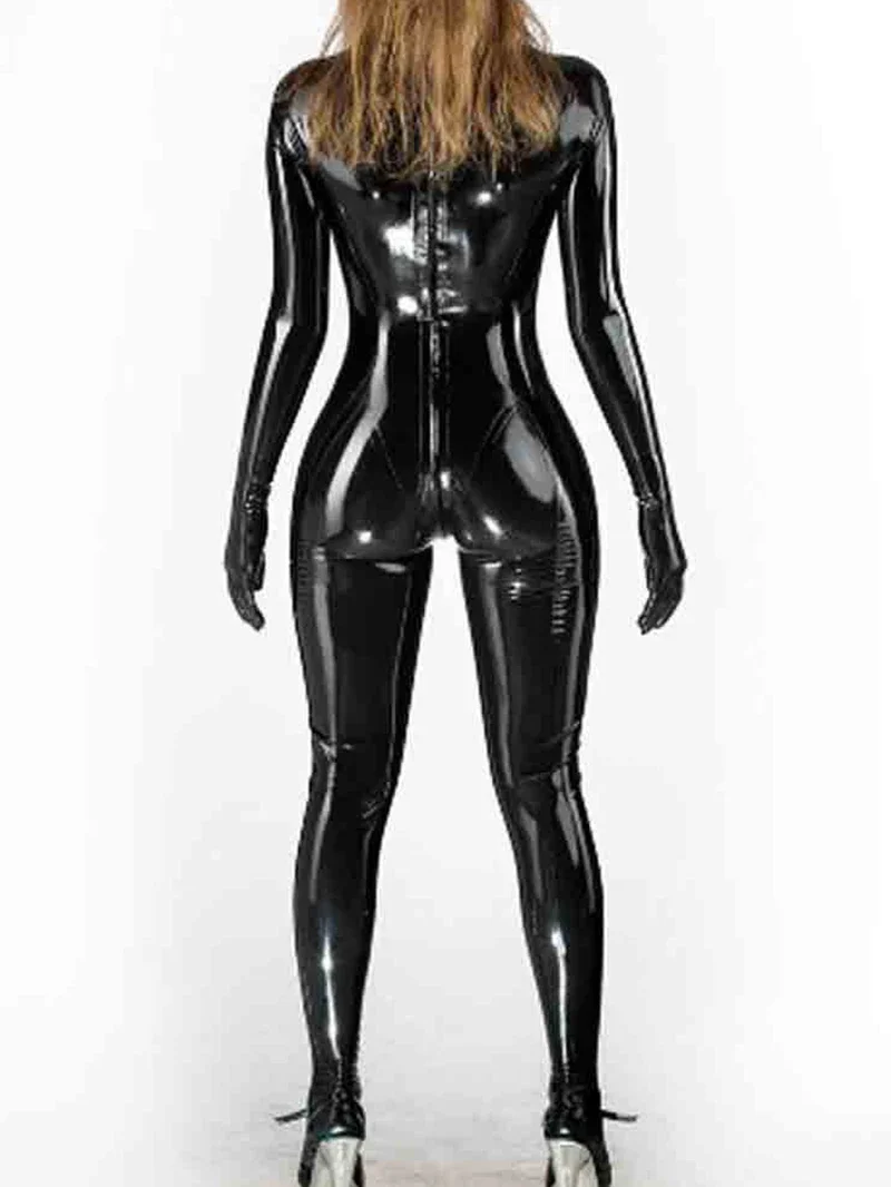 Elasticity PU Latex Leather Women Shapewear Jumpsuit Triangle Crotch High Neck Stage Party Costumes Full Coating Pole Clubwear