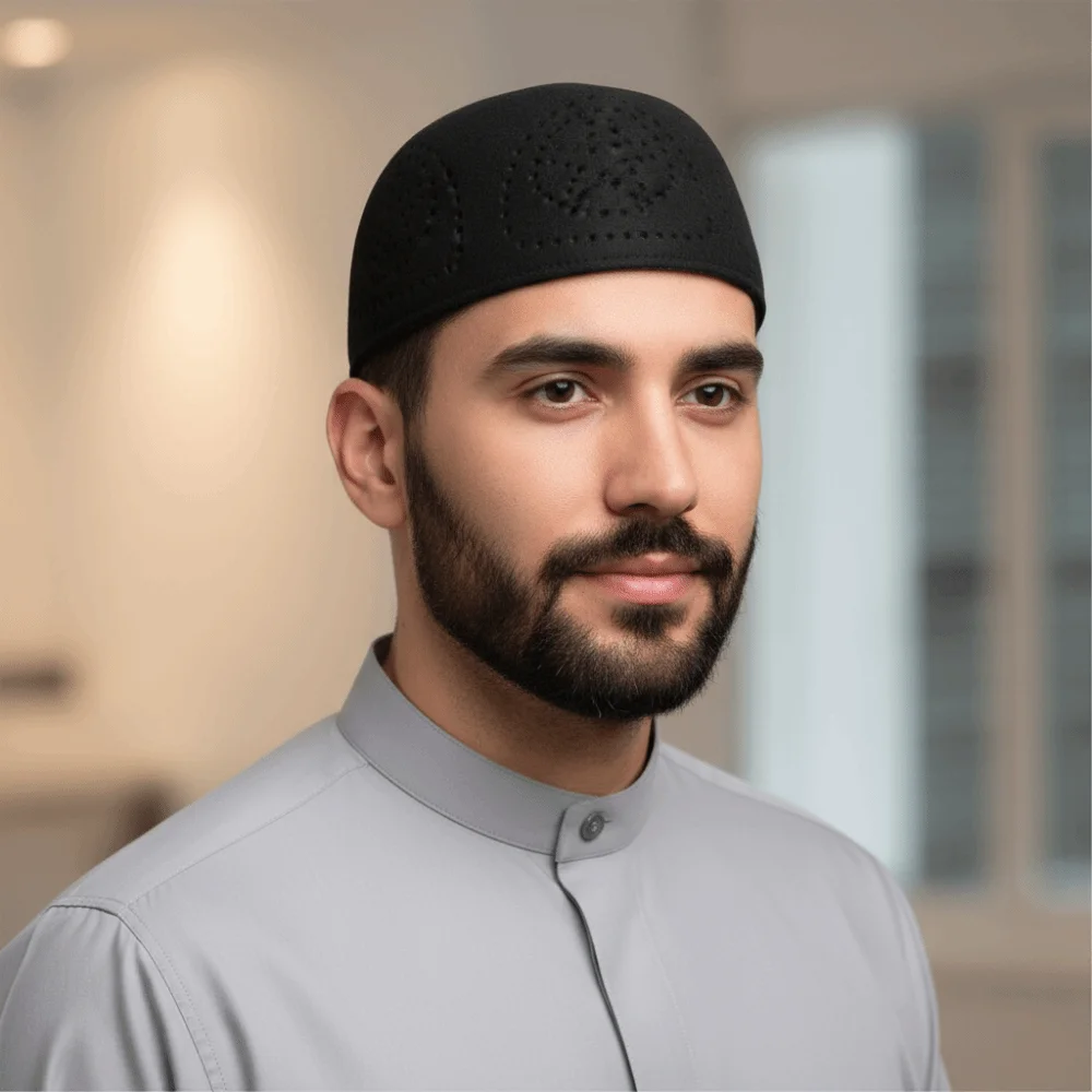 

New Elegant Eid Prayer Caps Woolen Cloth Breathable Muslim Caps Lightweight Mesh Turkey Fedoras Islamic Events