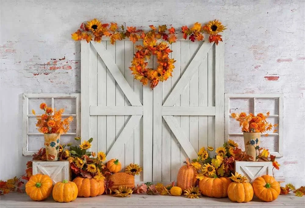 

Fall White door rustic Brick Wall Pumpkin Maple Leaf autumn Thanksgiving party photo background photography backdrop studio