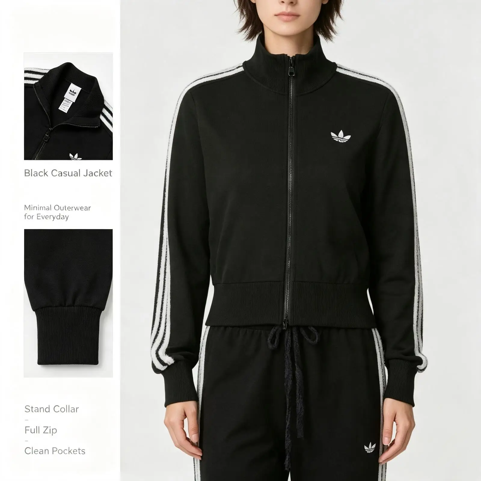 New Adidas Originals KS7366 Ladies Black White Knit Zip Jacket Slim Elastic Waist Long Sleeve Casual Coat