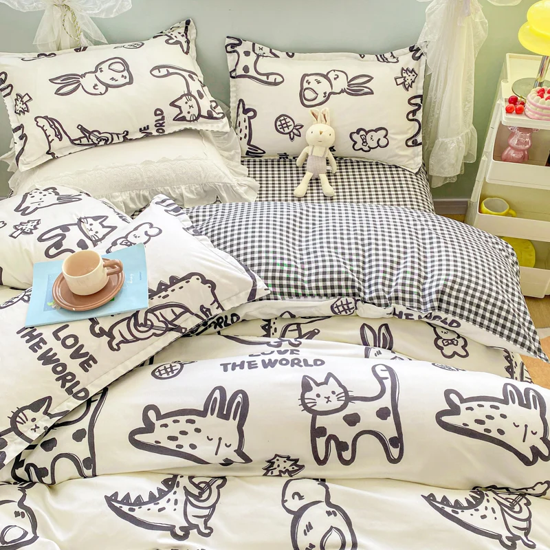 

Black White Animal Bedding Set Single Twin Queen Size Cute Cat Dinosaur Duvet Cover Cartoon Kids Boys Bed Linens NO Filling