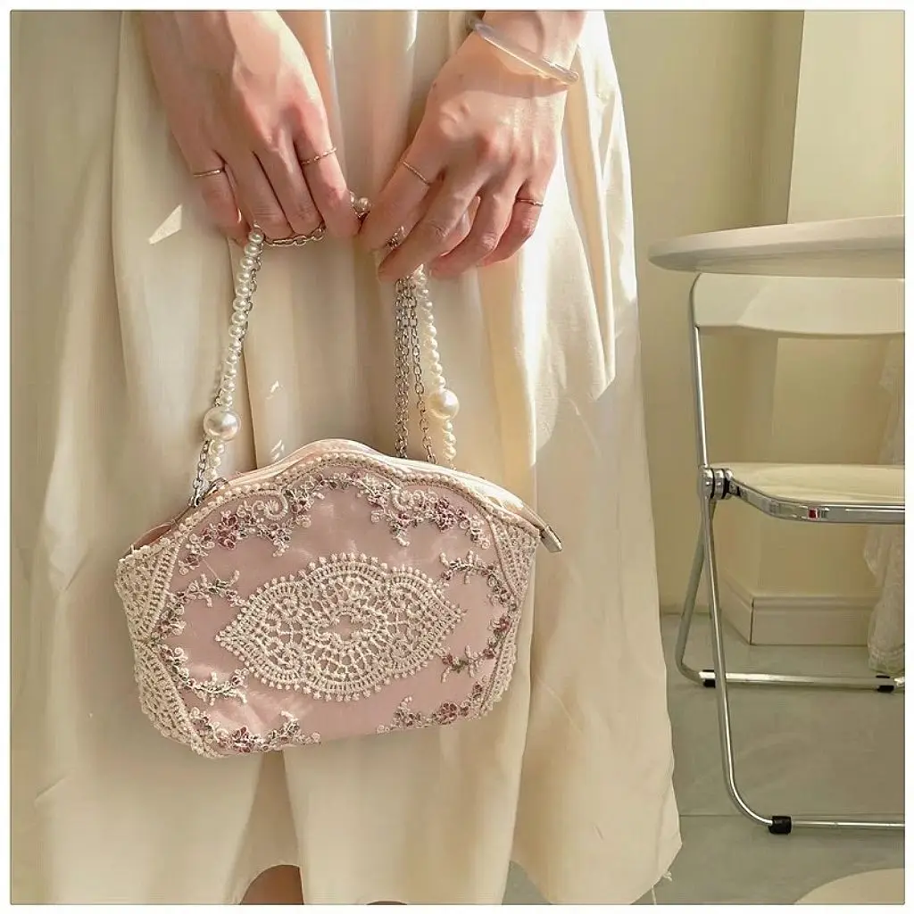 JIAERDI Lolita Sweet Lace Hand Bag Purse Women Vintage Fairycore Aesthetic Pearl Messenger Bag Female Harajuku Crossbody Bags