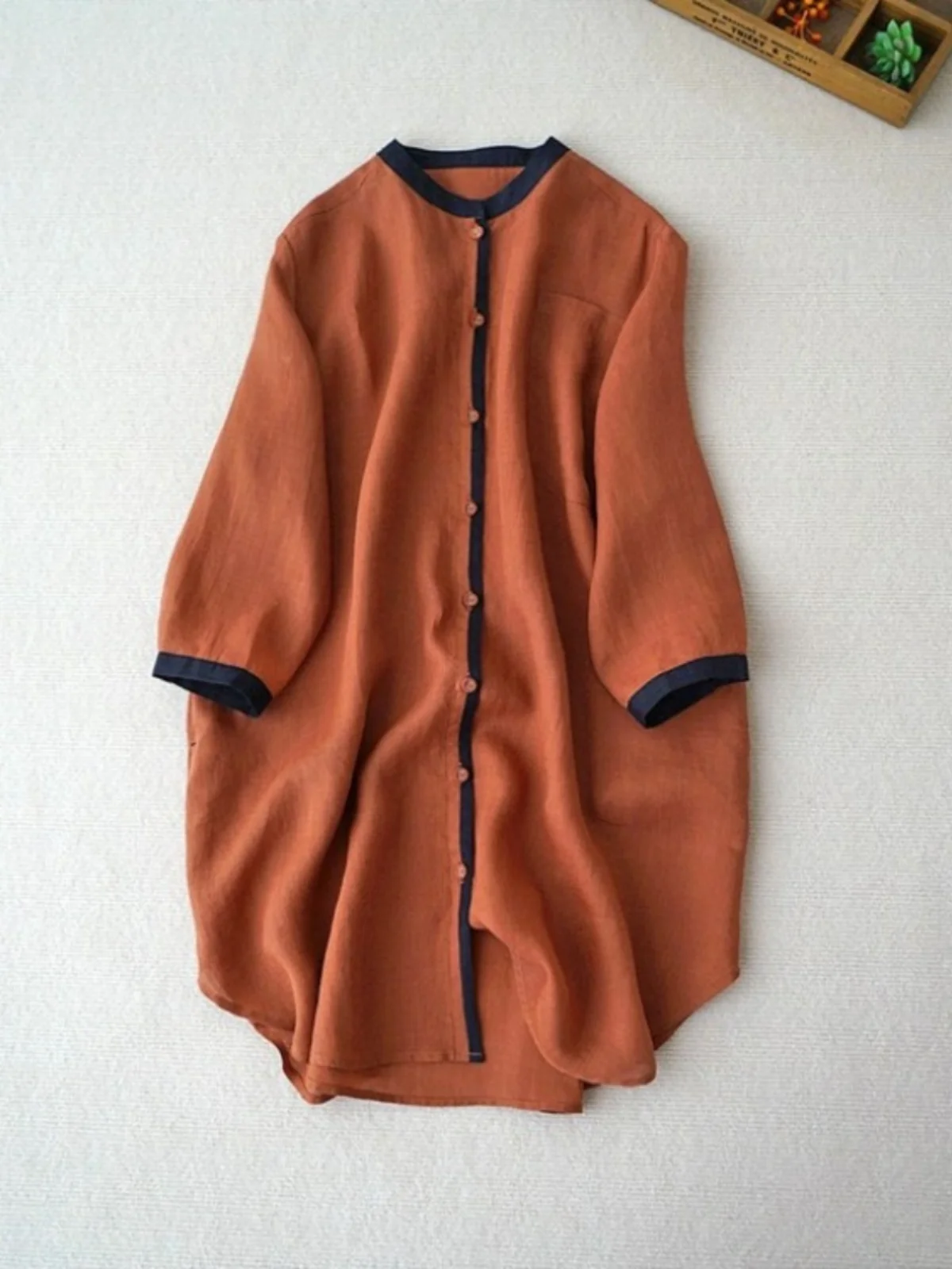 Retro Kontrastfarbe Leinen Seven Sve irt Jaet Damen Frühfrühling Lose Lässige Mittellange Baumwollleinen Sonnenschutz Top