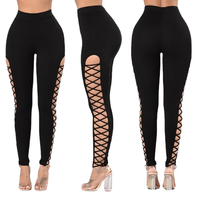 

New Spring Summer Legging Women Sexy Side Cross Leggings Lace-up Tie Up Bandage Bodycon Pencil Pants Slim Jeggings