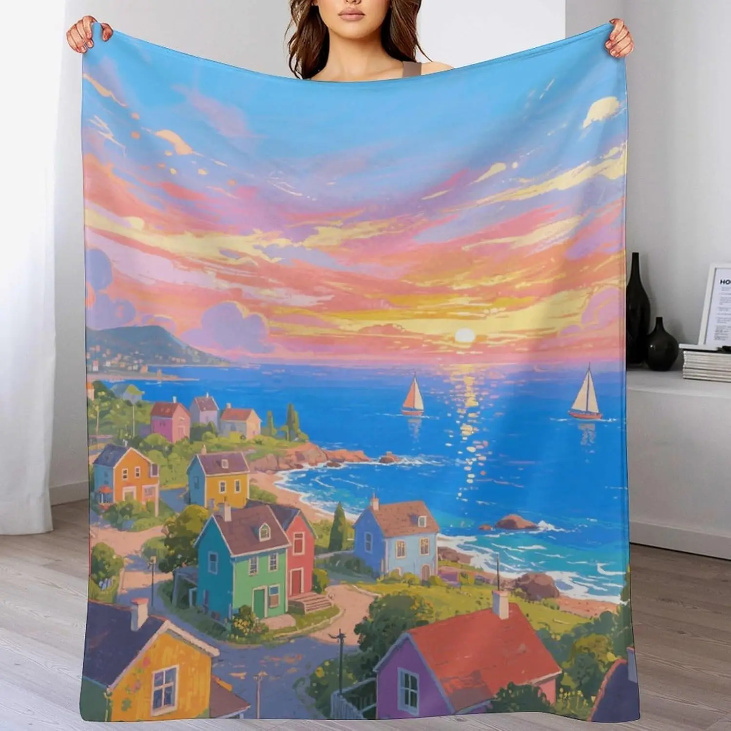 

Легкое теплое пушистое одеяло Seaside Town для дивана-кровати, кресла, уютное плюшевое одеяло для взрослых, домашний декор для рождественского праздника