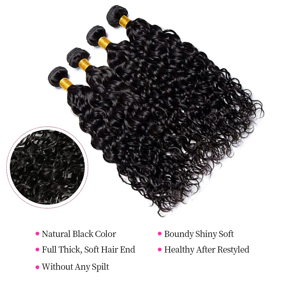 Human Hair Bundles Kinky Wave Natural Black Water Wave Brazilian Human Hair Weave Bundles Virgin Hair 10-30 inches with Closure