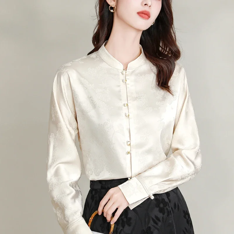 Women's Chinese Style Silk Shirt, Satin Blouses, Loose Prints Clothing, Long Sleeves, Floral Women Tops, Spring, Summe