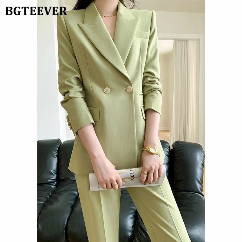 BGTEEVER Autumn Pants Suits Women Slim Waist Blazer Jacket & High Waist Trousers Elegant Ladies Outfits 2 Pieces