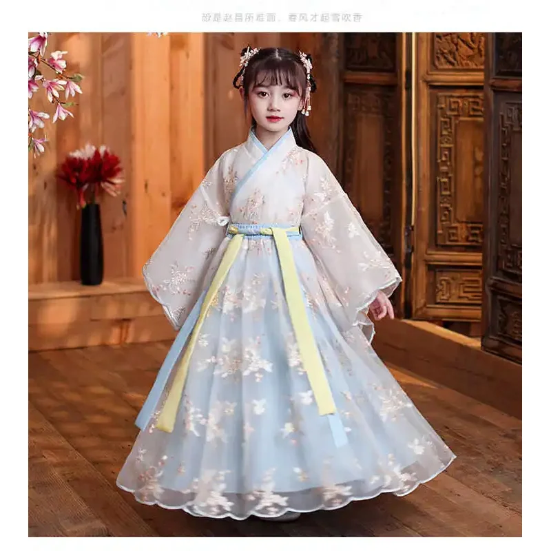 Chinese silk dress Girls Girls Children Kimono China Tradional Vintage ancient ethnic dress Dance costume cosplay Hanfu set