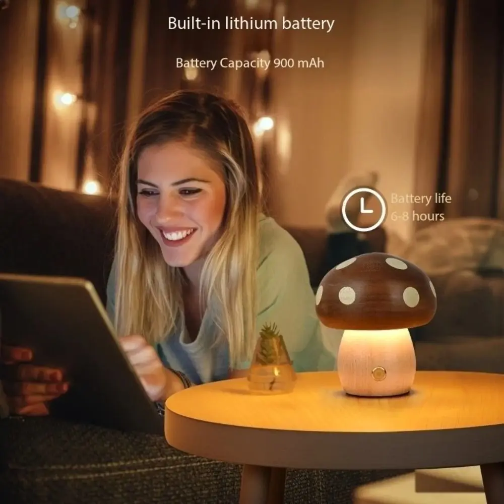 

Touch Switch Wood Mushroom Night Light Solid Wood USB Plug LED Table Lamp Ebony Wood Warm Light Atmosphere Lighting Girl Gift
