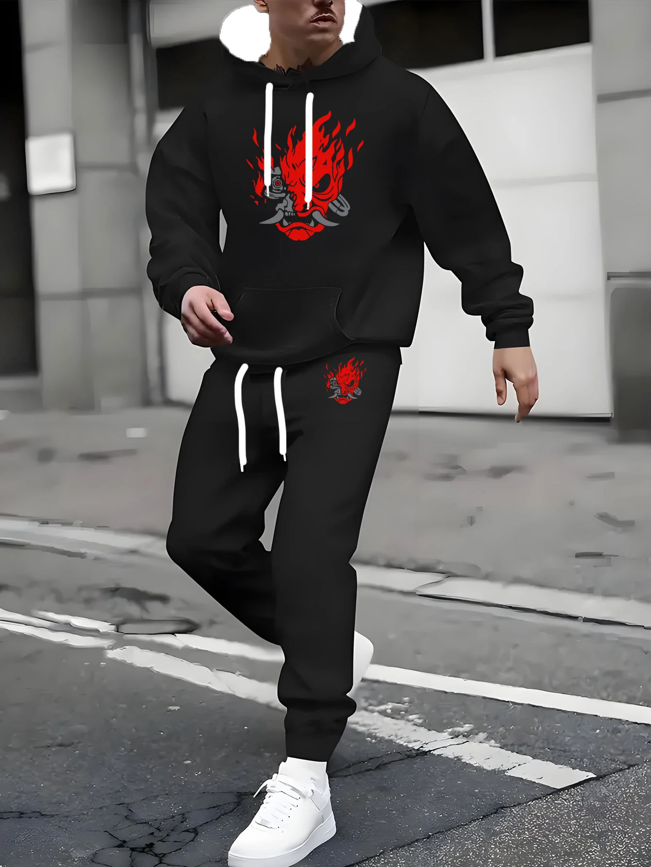 

Autumn and Winter Men Hoodie Set Devil Face Printed Pattern Street Men Sports Hoodie Set Quick Drying and Breathable Hoodie Set