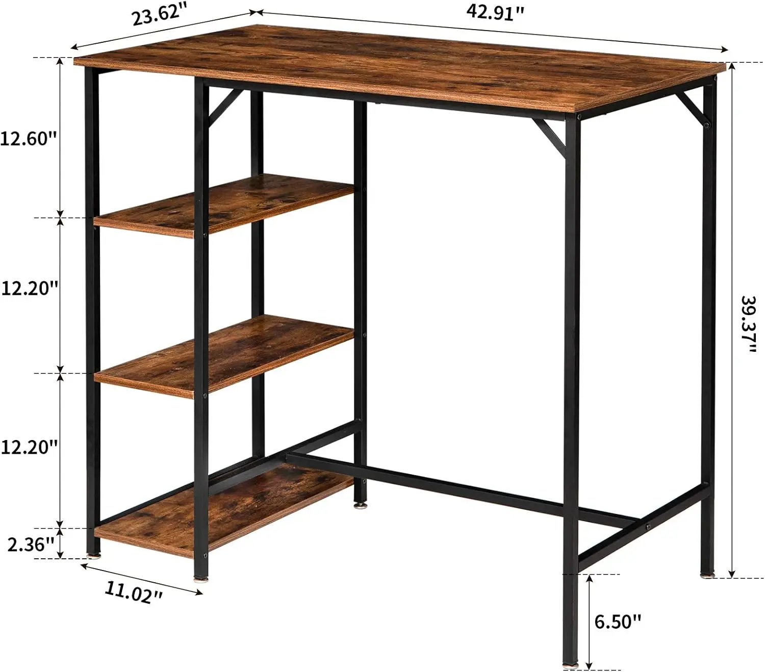 40”H Bar Table with 3 Storage Shelves, High Dining Table for Kitchen, Rustic Brown Counter Table, Industrial Standing Computer D
