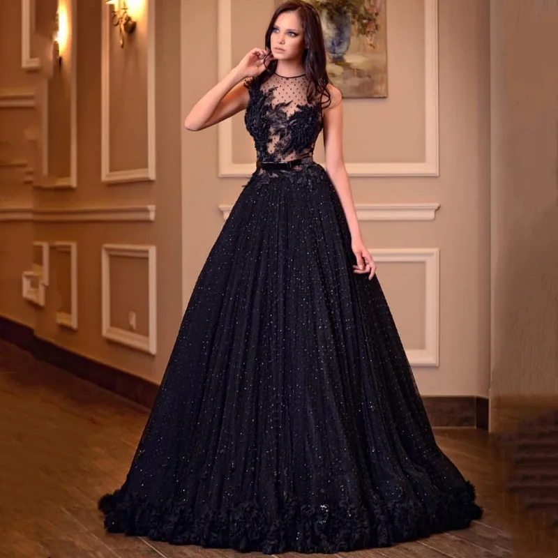 Aleeshuo gaun Prom Tulle hitam seksi leher-o tanpa lengan A-Line applique payet ilusi gaun pesta malam gaun Prom panjang