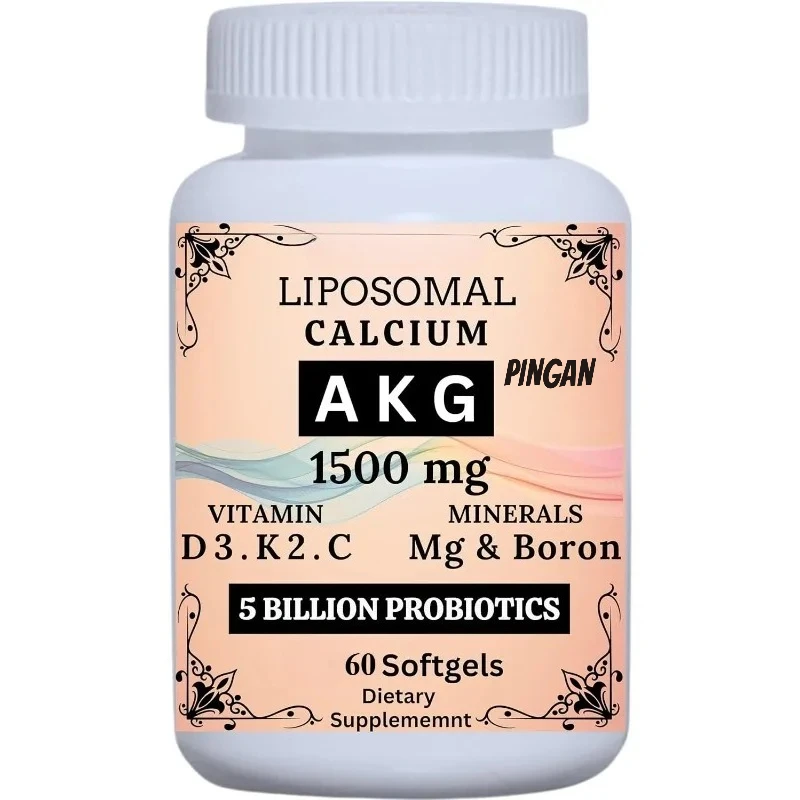 Calcio liposomal AKG 1500 mg, vitamina C, D3, K2, calcio, magnesio y suplementos probióticos -60 cápsulas blandas
