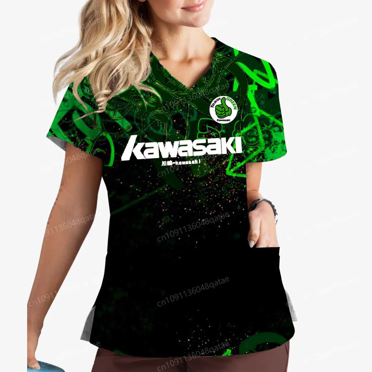 

Kawasaki T-shirt Nurse Uniform Women's T-shirts Pocket Woman Clothing Doctor V-Neck Short Sleeve Tee Uniforms Female Sports Tops