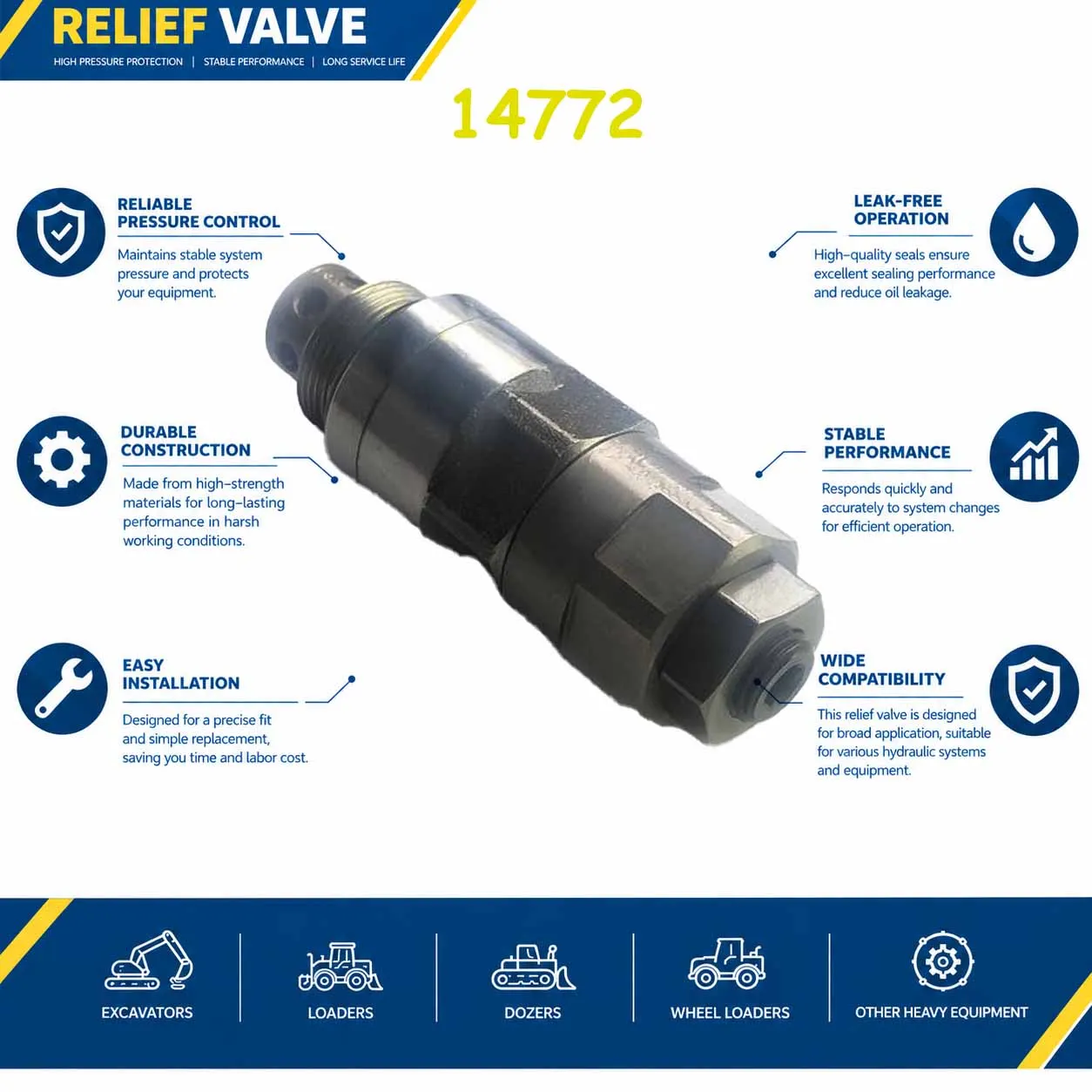 KZ000764 Relief Valve For Kobelco SK135 SK200-8 SK235 SK230-8 SK100 SK120-5 SK200 SK200-5 SK200-6 SK220-6 SK250-6 SK300-6