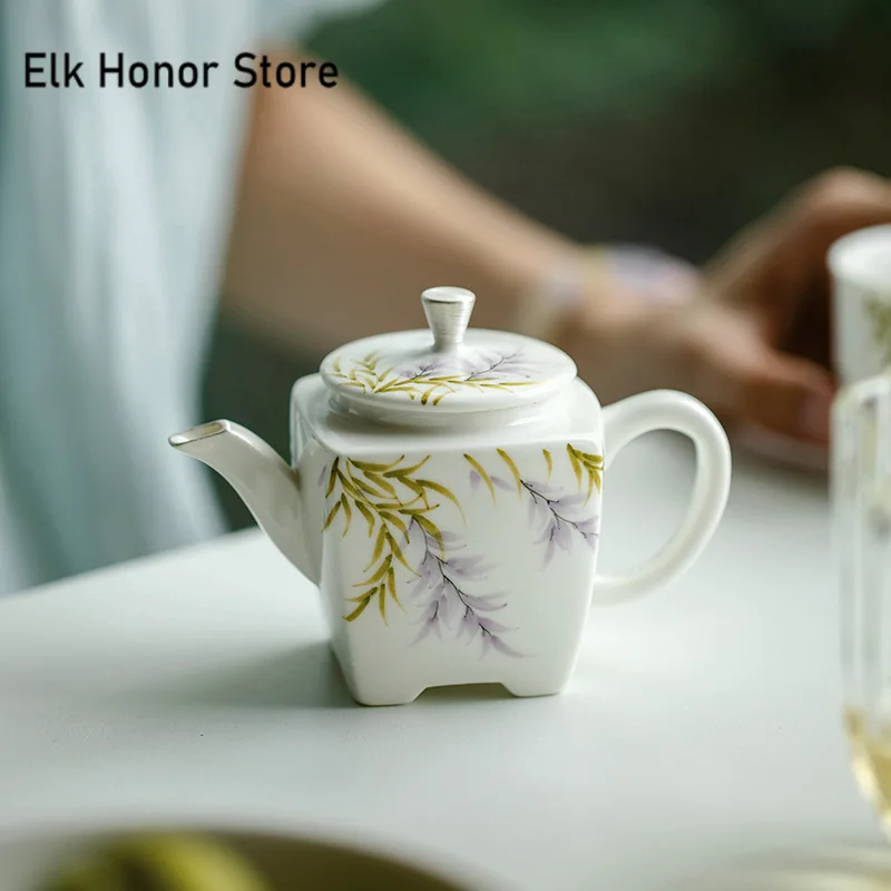 125ml Pure Hand-painted Wisteria Flower Teapot Luxury Gilt Silver Pot Tea Maker Kettle with Filter Square Tripod Pot Tea Items